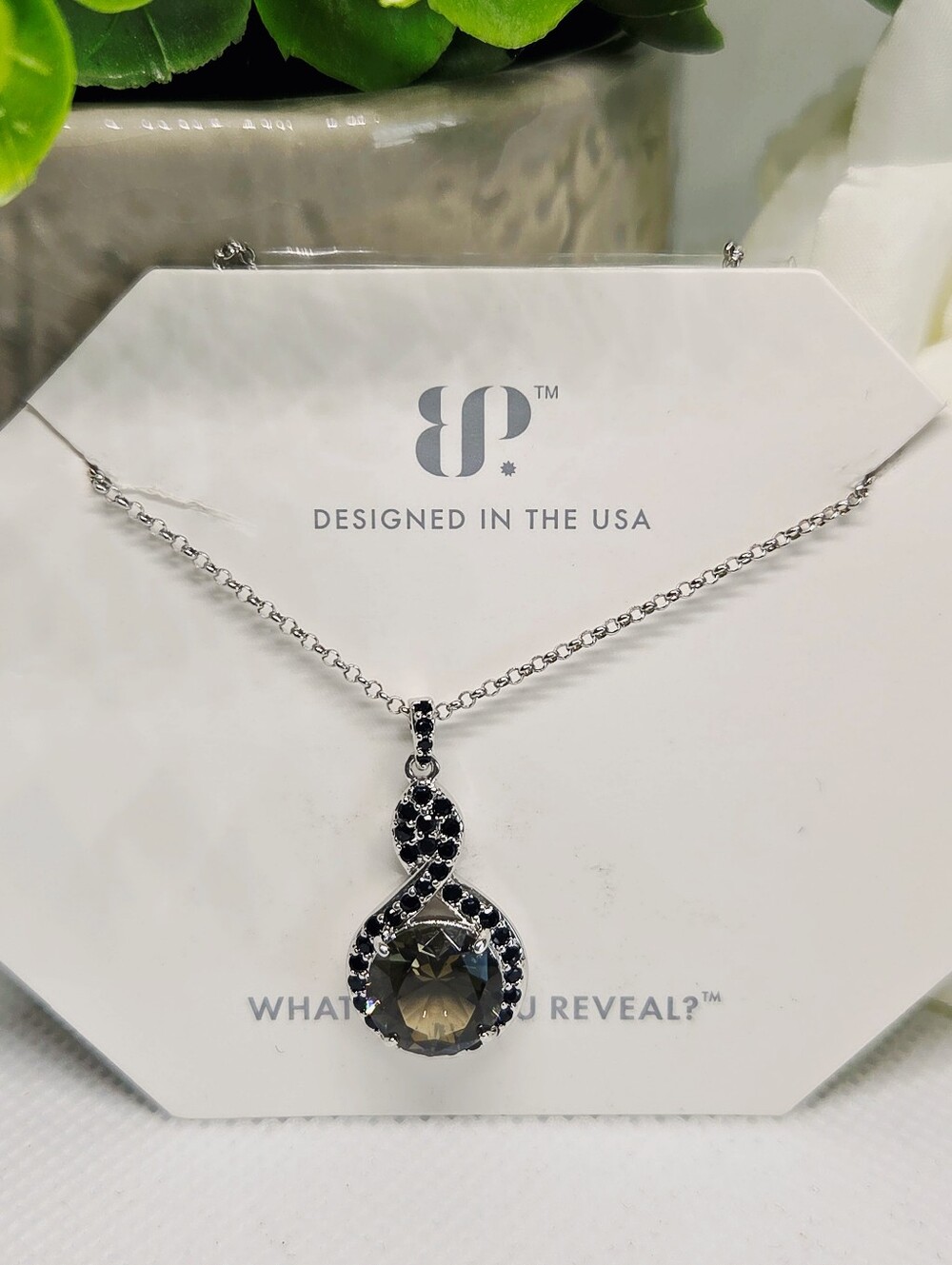 BP Silver-Tone Necklace with Smokey Gray Teardrop Pendant
